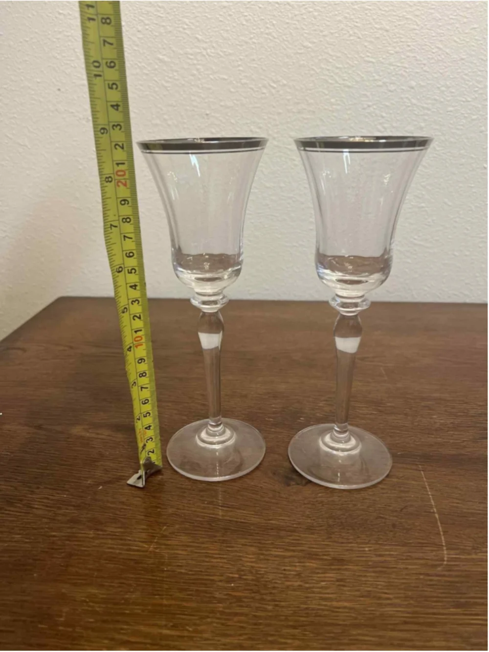 Pair of Vintage Silver Rimmed Crystal Stem Glasses 8.5” Tall Elegant Barware